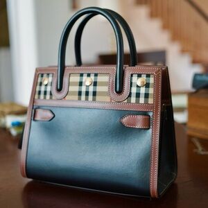 BURBERRY black Leather & Vintage Check Baby TITLE Mini Tote convertible bag NWT